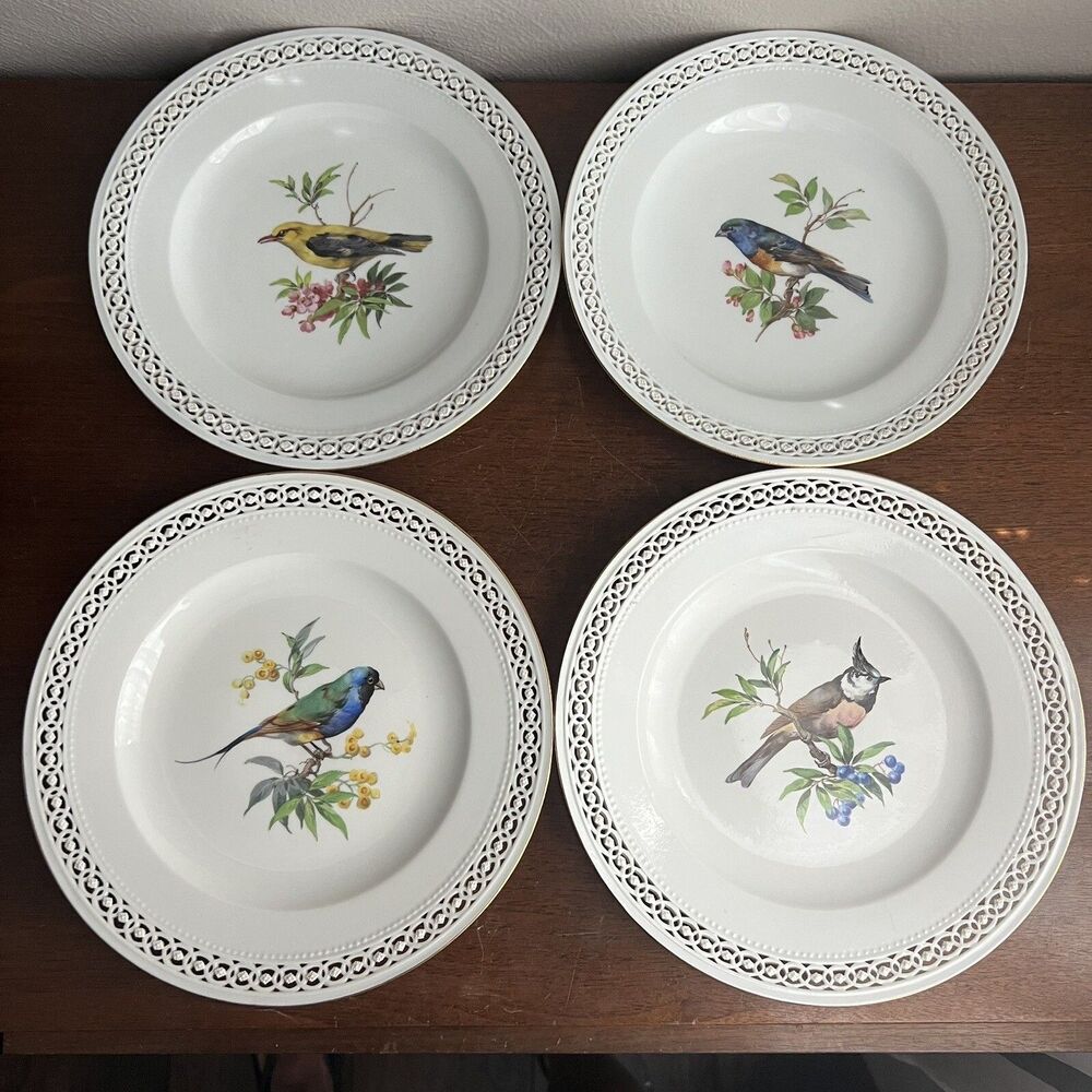 Meissen Porcelain Lot of 4 Plates with Hand-Painted Birds Gold Trim 9.25"